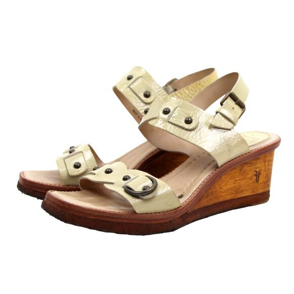 Frye CRINKLE BEIGE REAL LEATHER OPEN TOE 2.5" HEEL WOOD WEDGE SLINGBACK SHOES 8M - Picture 6 of 11